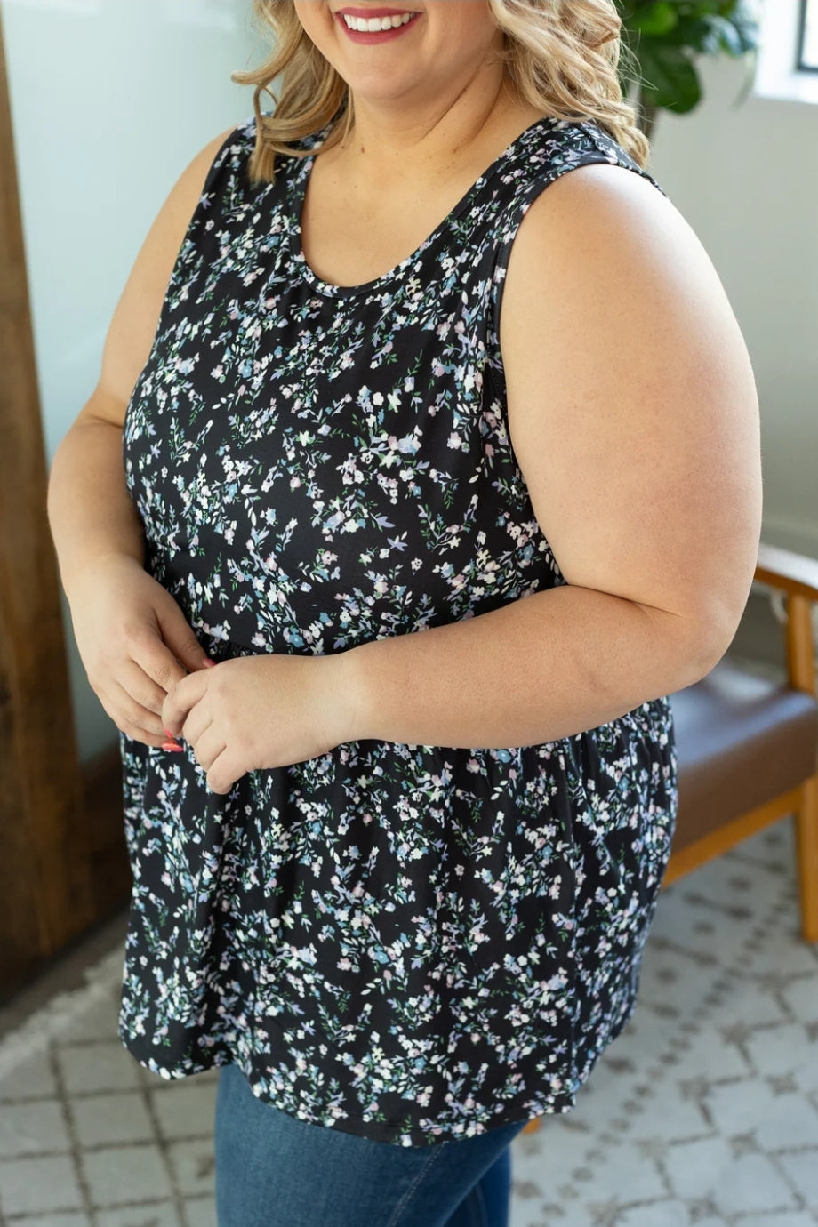 Black Floral Renee Ruffle Tank