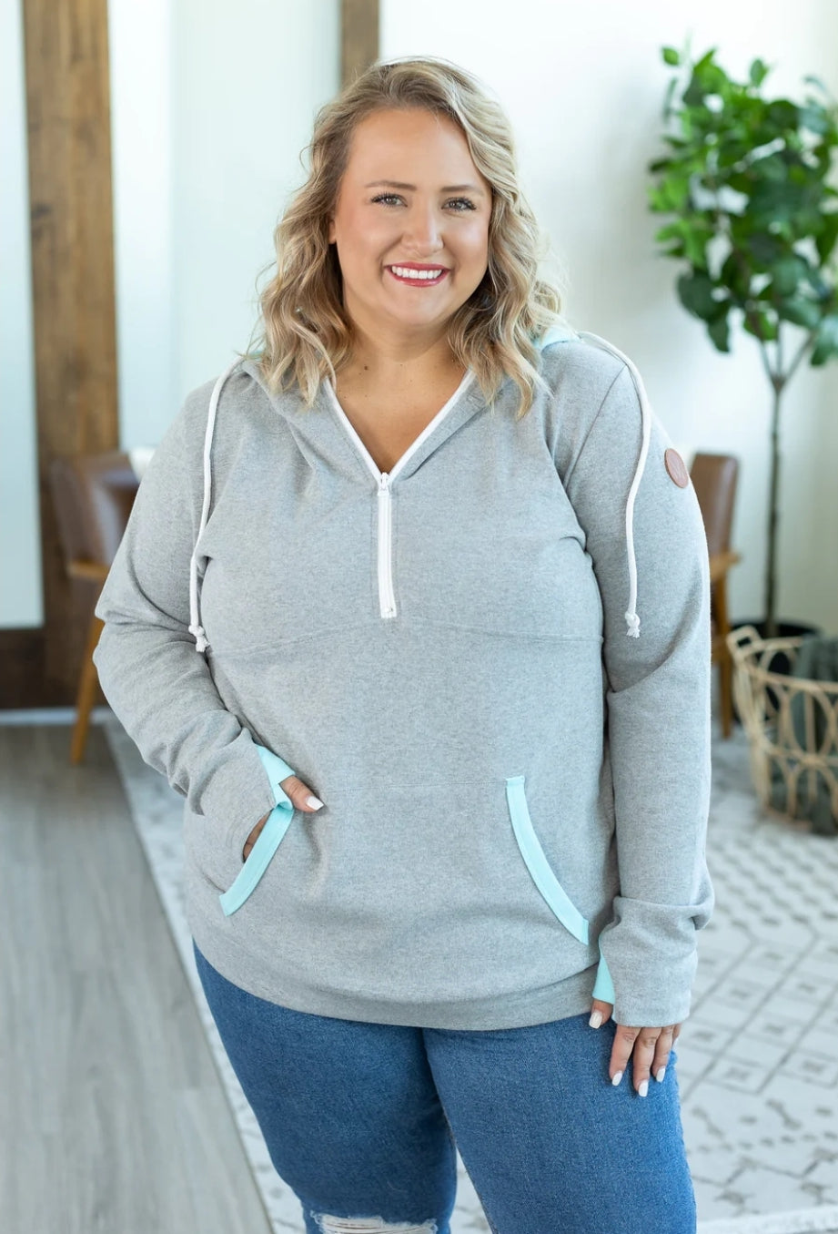 Grey & Aqua Avery HalfZip Hoodie