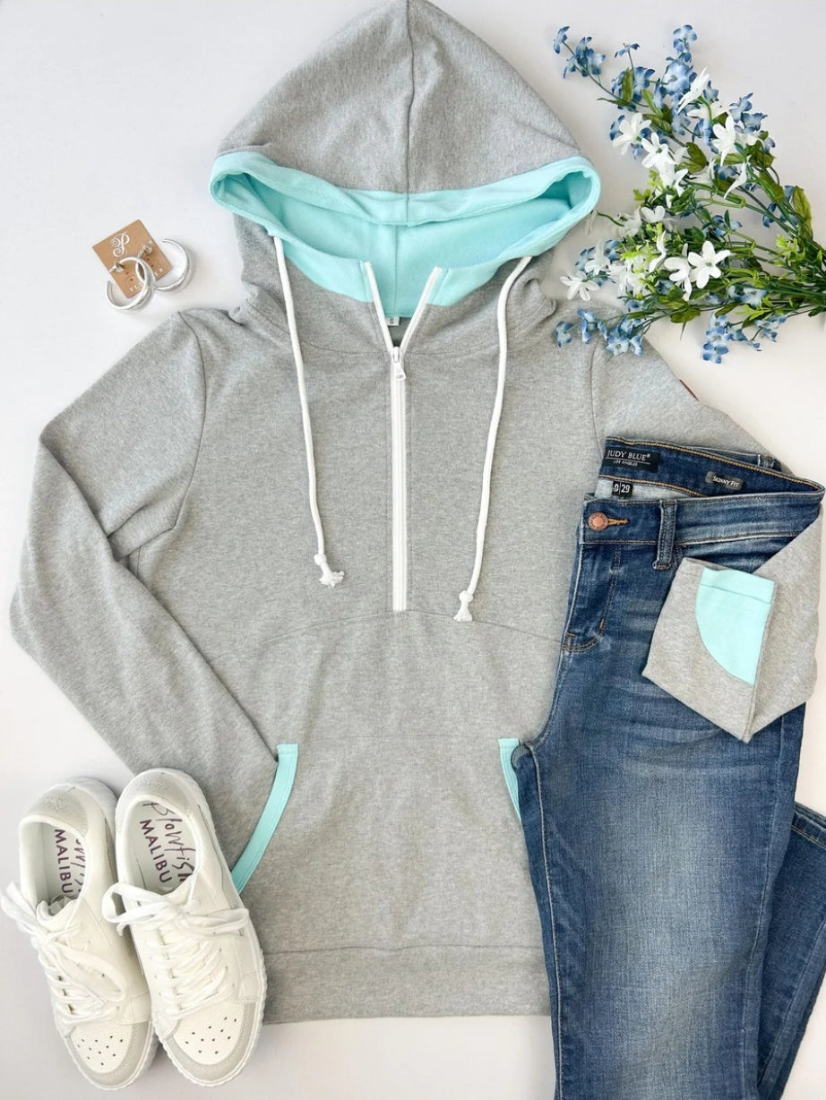 Grey & Aqua Avery HalfZip Hoodie