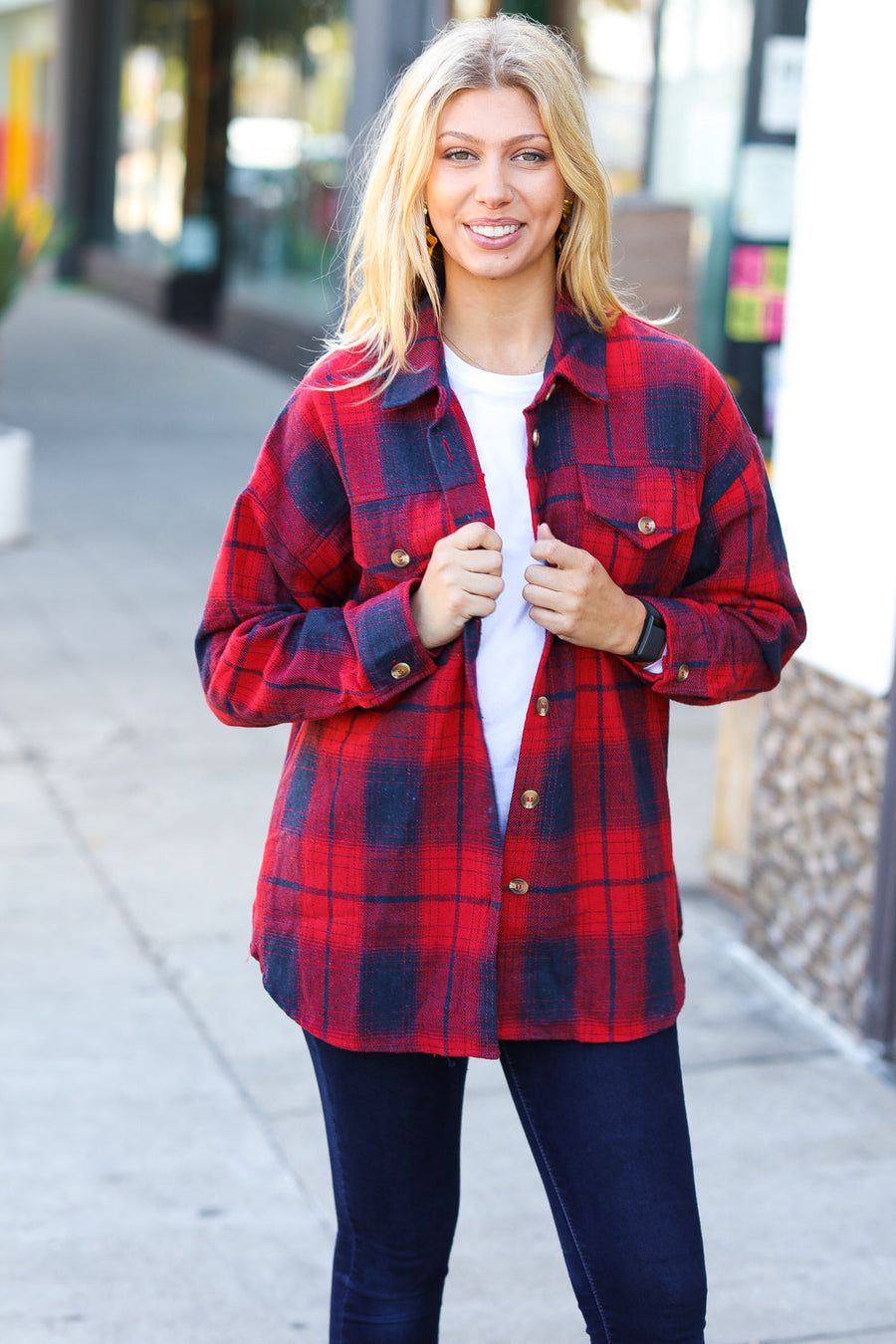 Red Plaid Cotton Flannel Jacket with Pockets
