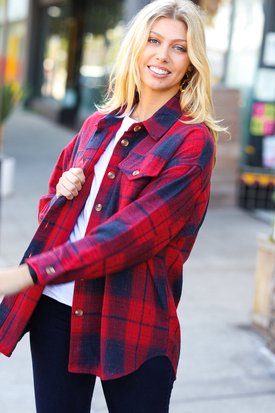 Red Plaid Cotton Flannel Jacket with Pockets