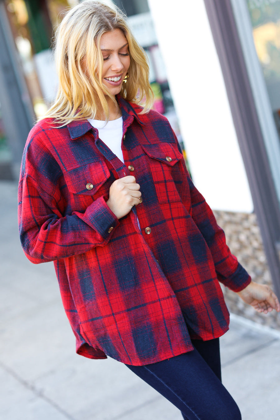 Red Plaid Cotton Flannel Jacket with Pockets