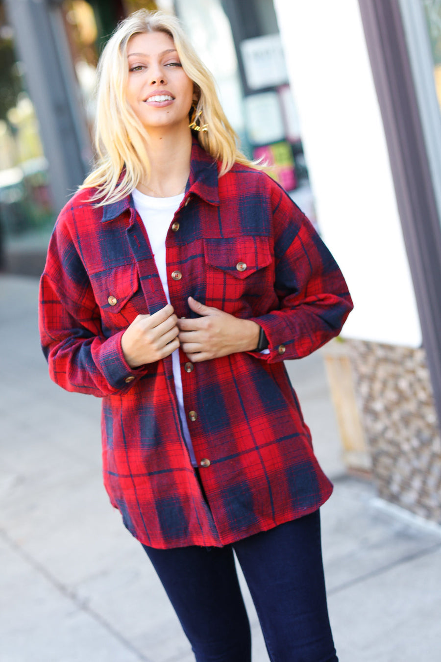 Red Plaid Cotton Flannel Jacket with Pockets