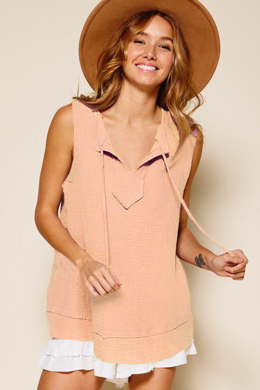 Small Orange Crinkle Raw Hem Top