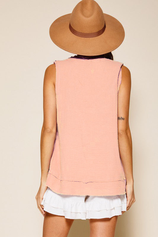 Orange Crinkle Raw Hem Top