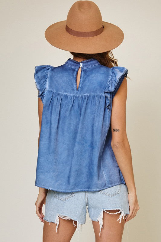 Washed Denim Sleeveless Ruffle Top