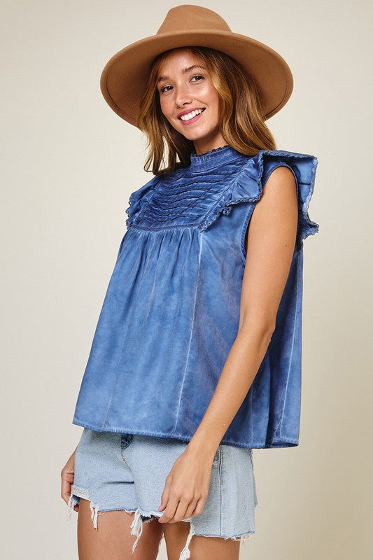 Washed Denim Sleeveless Ruffle Top