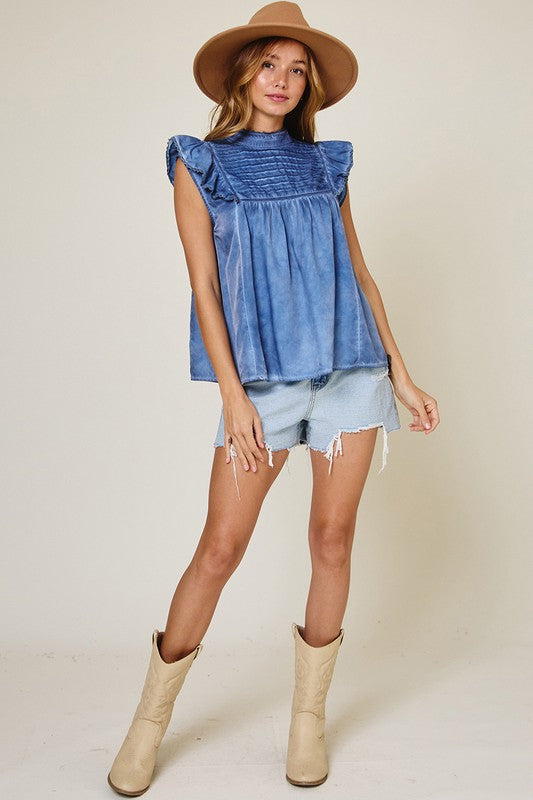 Washed Denim Sleeveless Ruffle Top