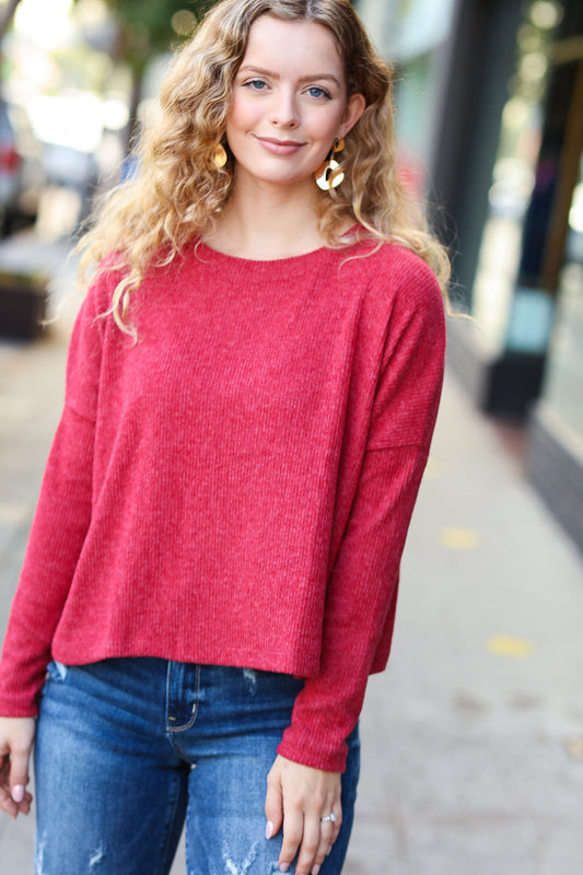 Red Ribbed Dolman Crop Sweater