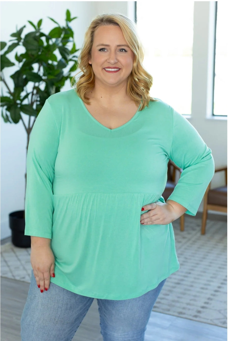 Turquoise Sarah Ruffle 3/4 Sleeve Top