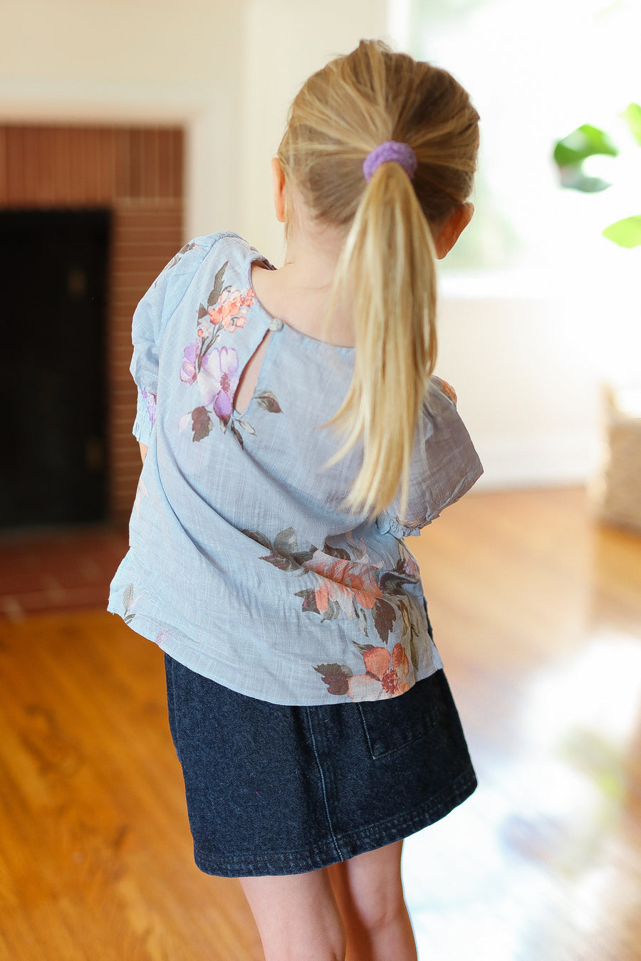 Kids Spring Blue Floral Ruche Sleeve Blouse