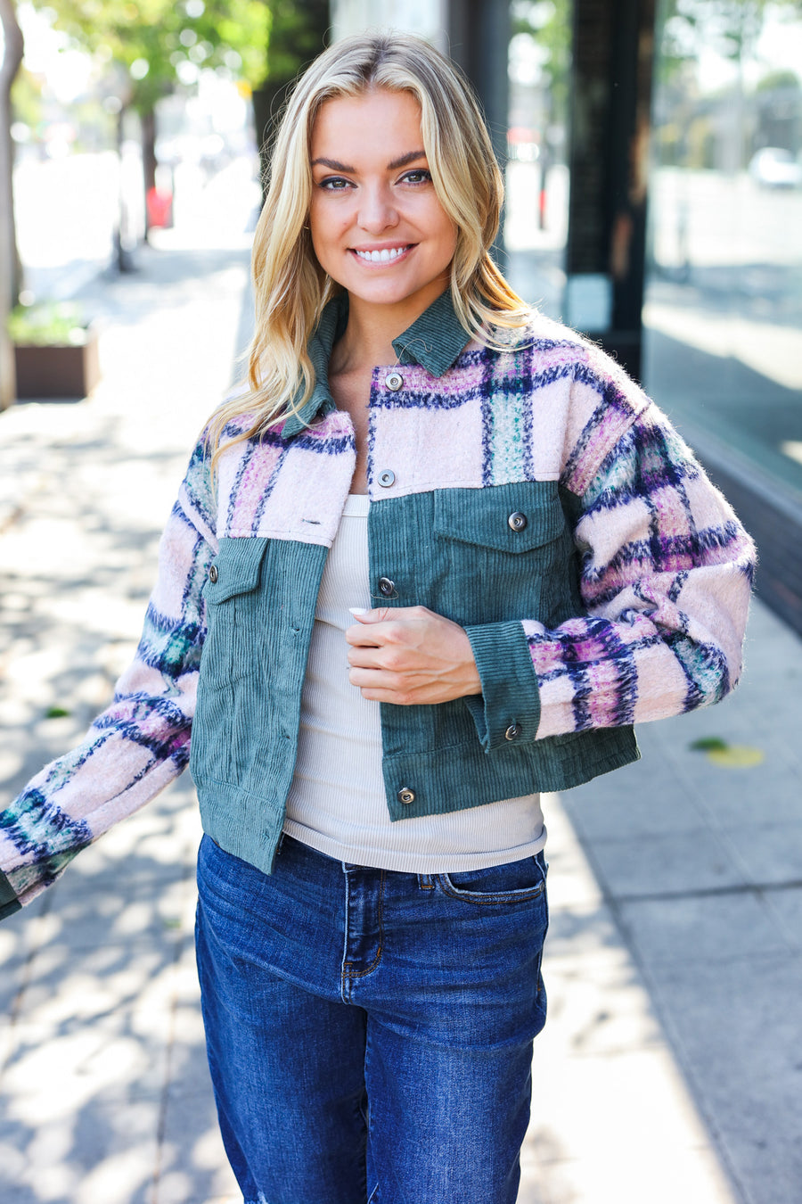 Olive Plaid Button Down Jacket
