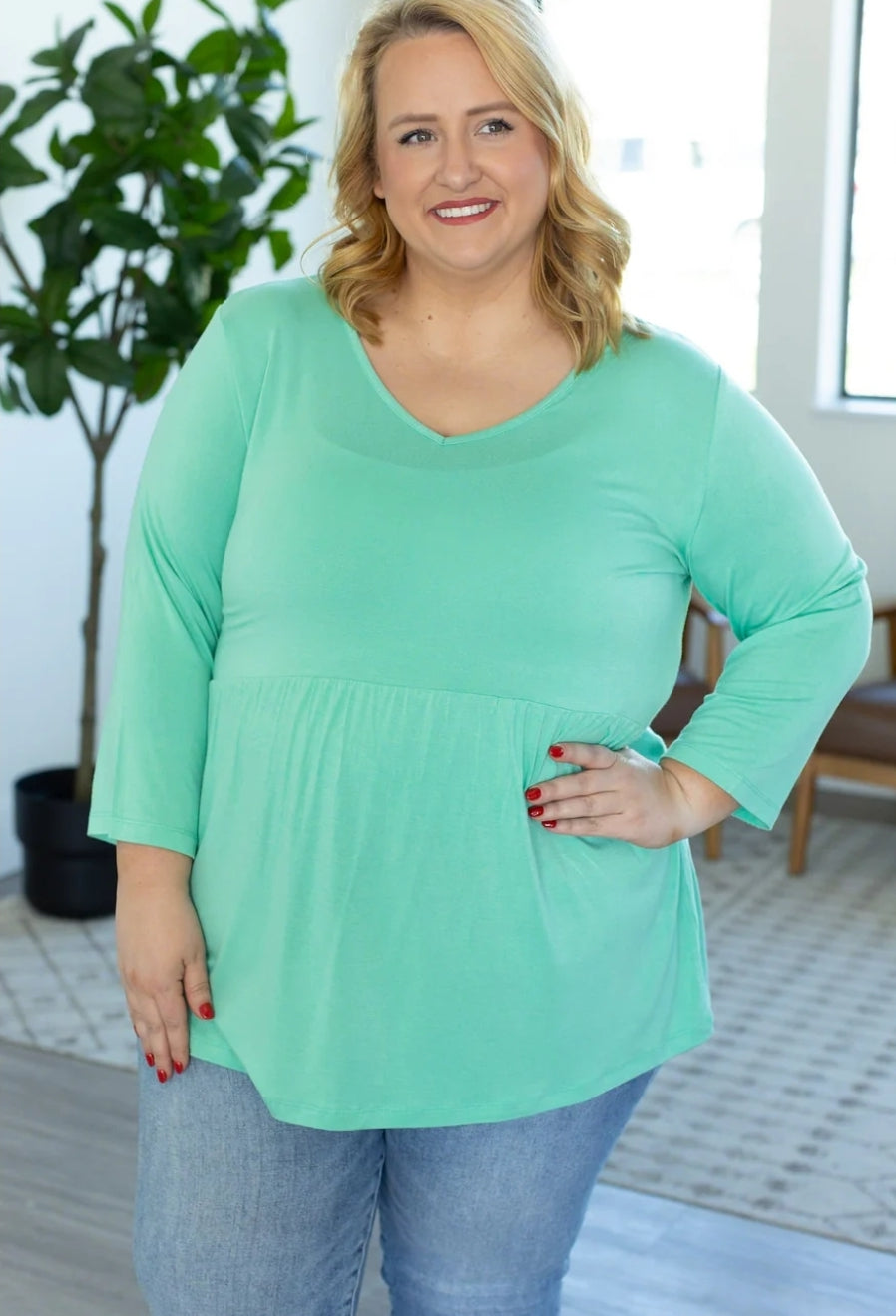 Turquoise Sarah Ruffle 3/4 Sleeve Top