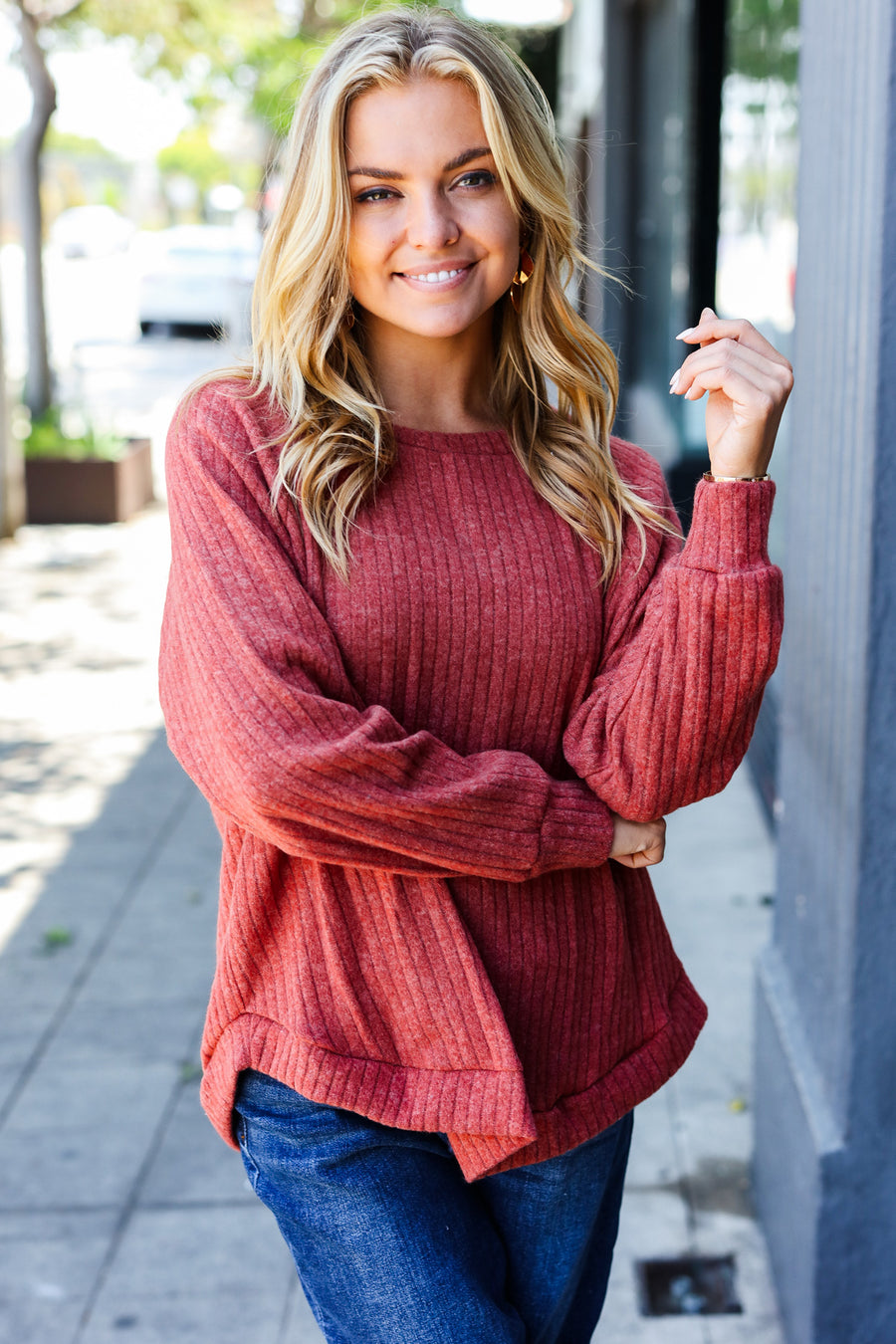 Rust Brushed Ribbed Sweater