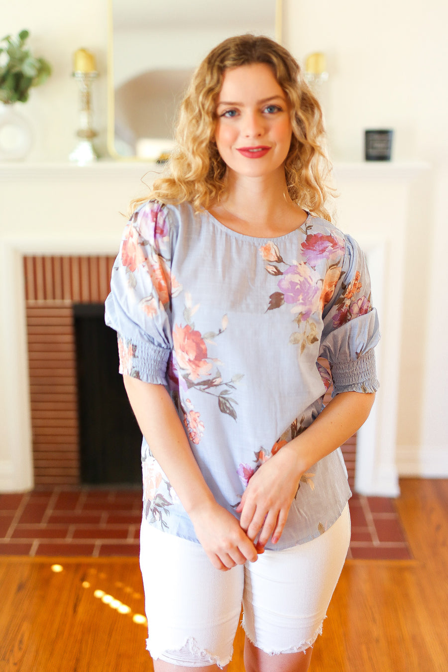 Spring Blue Floral Ruche Sleeve Blouse