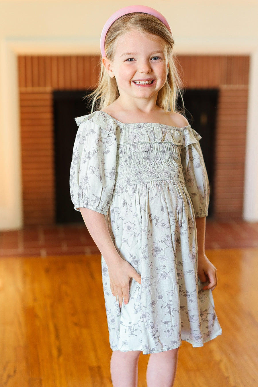 Small Kids Mint Floral Ruffle Neck Dress