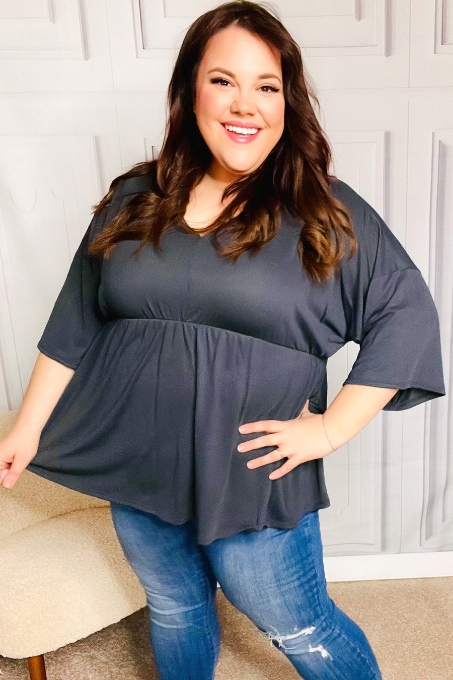 Easy To Love Charcoal Babydoll Dolman Top
