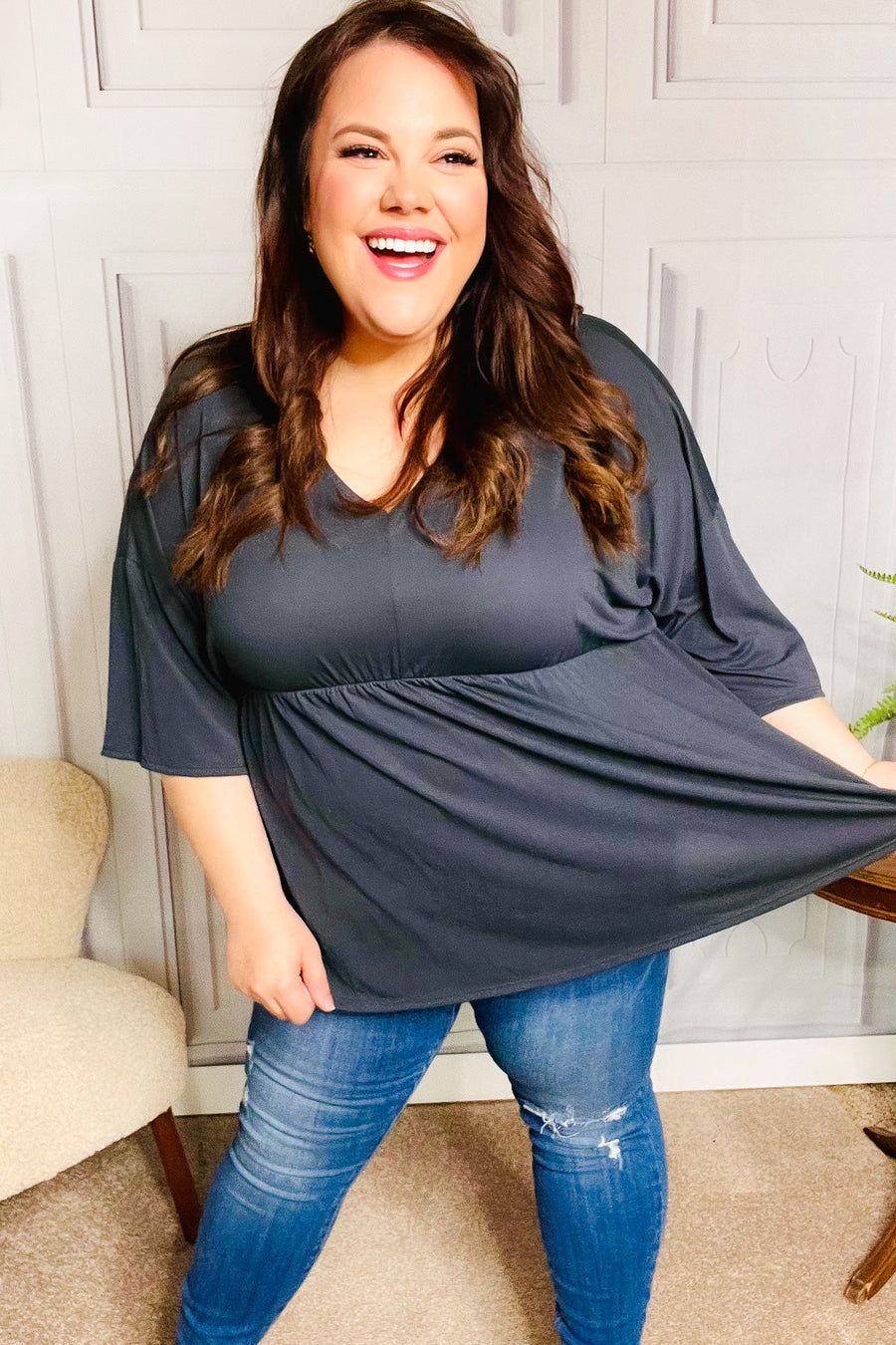 Easy To Love Charcoal Babydoll Dolman Top