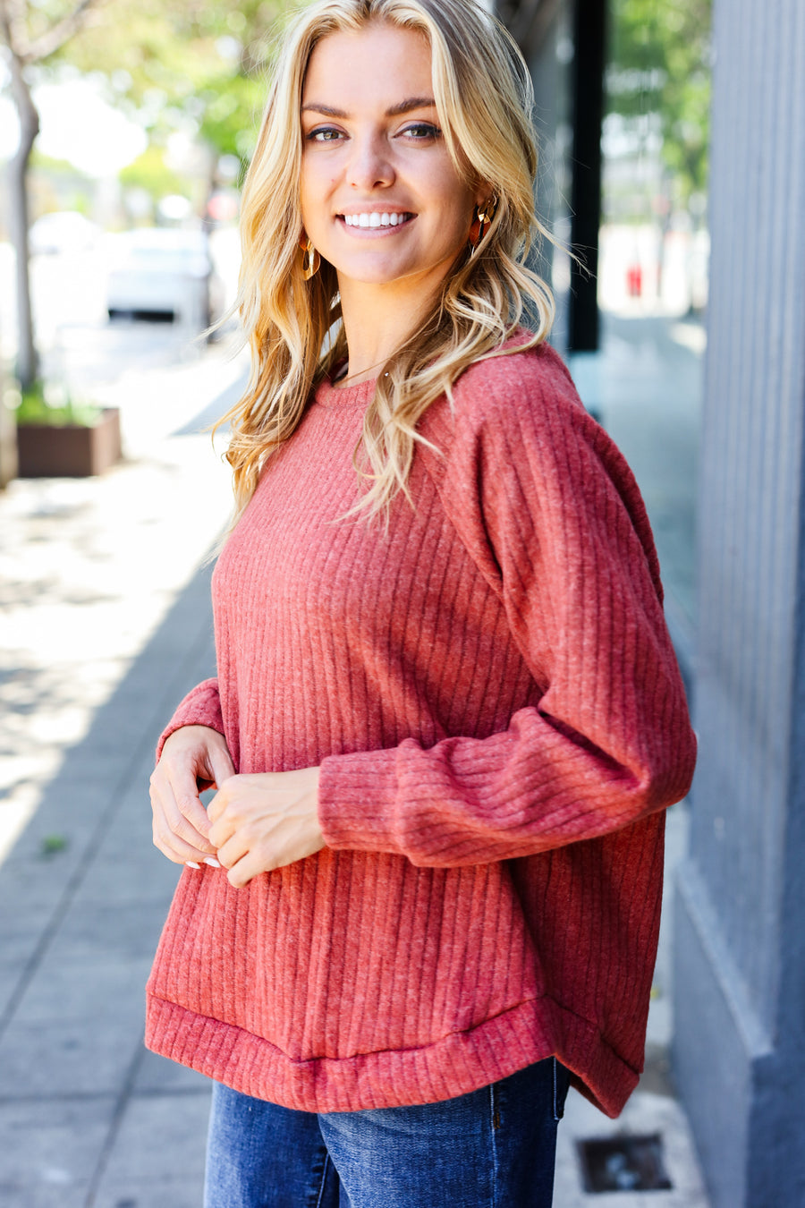 Rust Brushed Ribbed Sweater