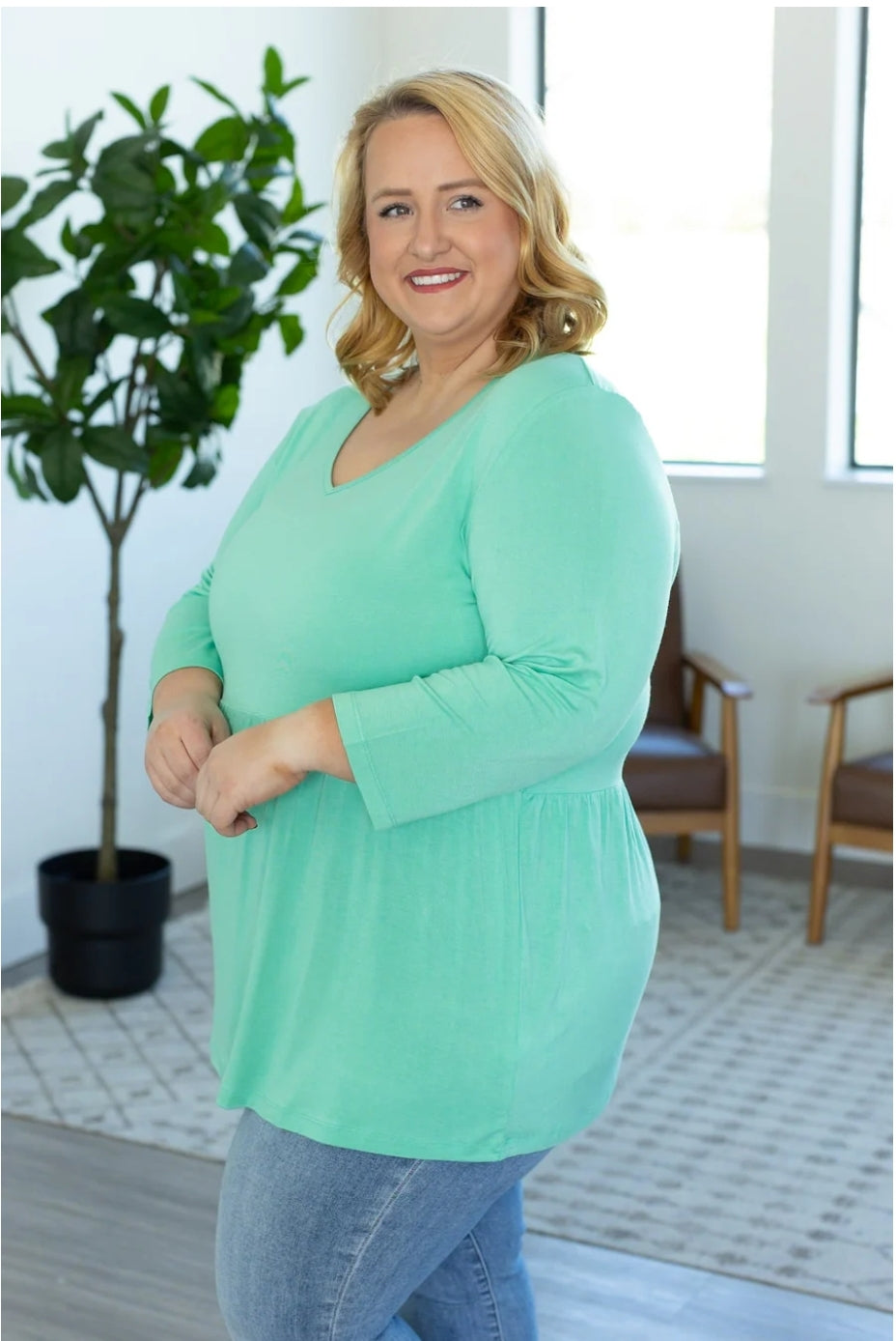 Turquoise Sarah Ruffle 3/4 Sleeve Top