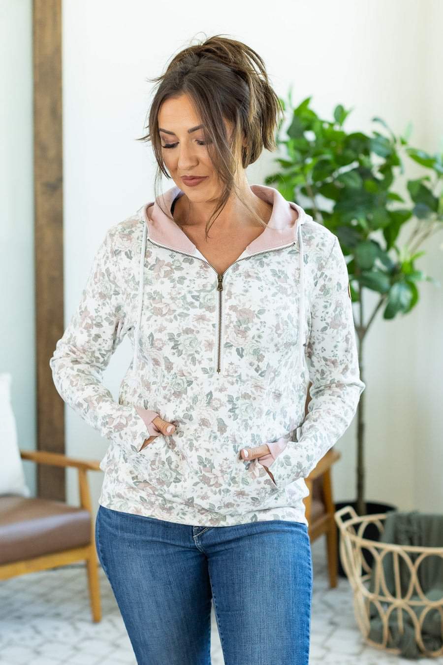XS Blush Floral Classic Halfzip Hoodie