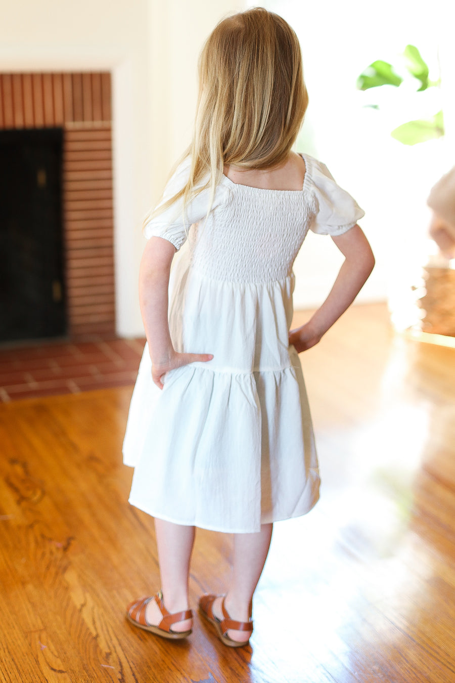 Kids Ivory Ruched Sleeve Tiered Dress
