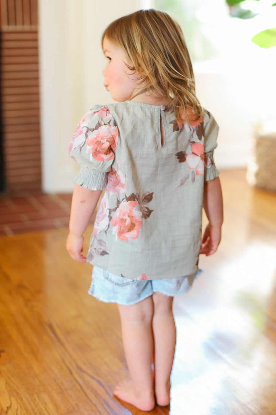 Kids Sage Floral Ruche Sleeve Blouse