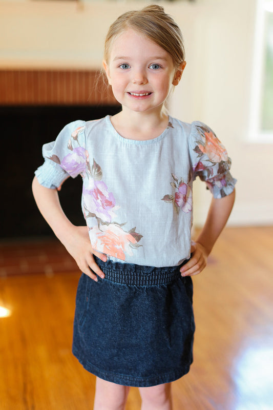 Kids Spring Blue Floral Ruche Sleeve Blouse