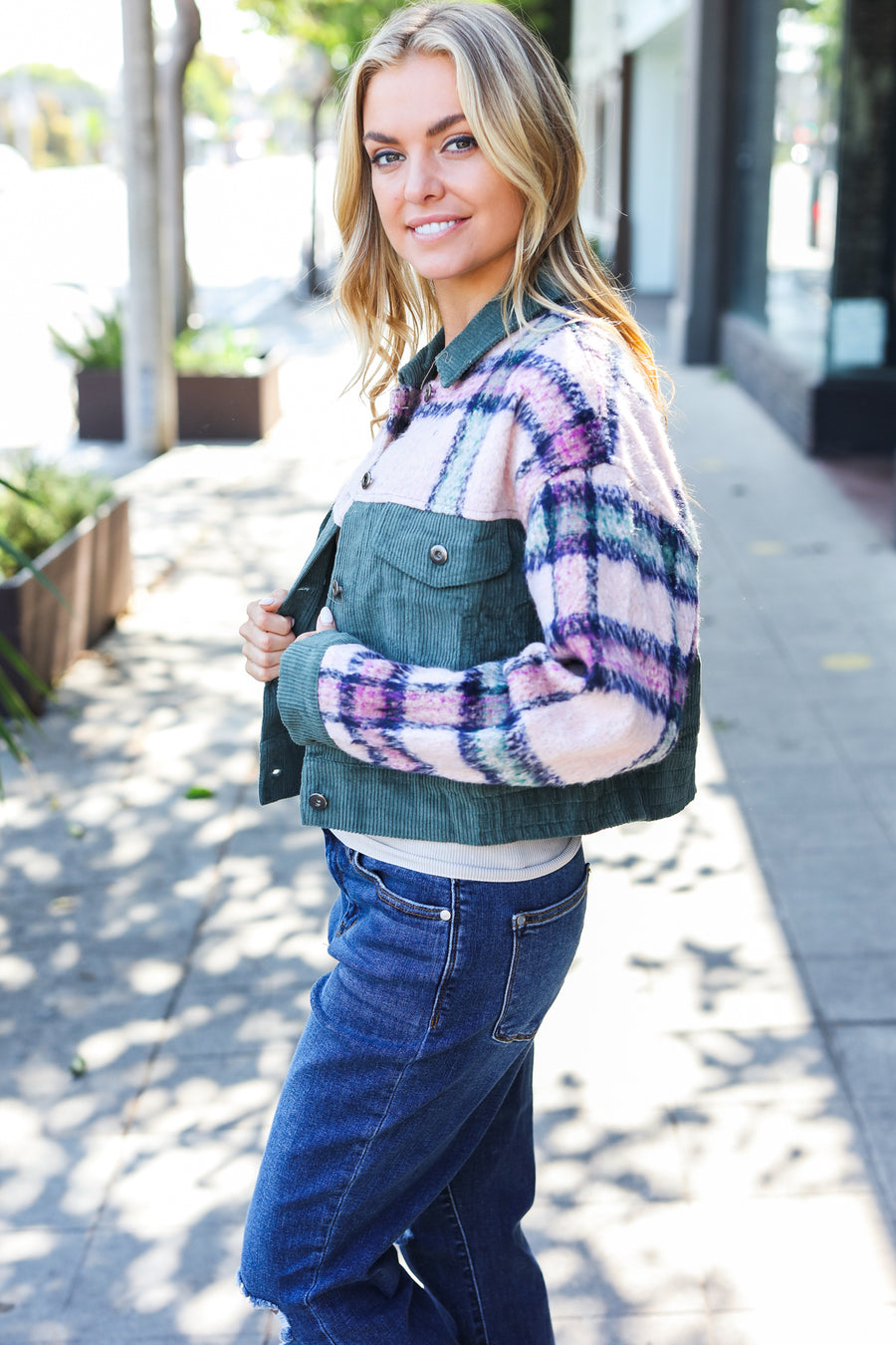 Olive Plaid Button Down Jacket