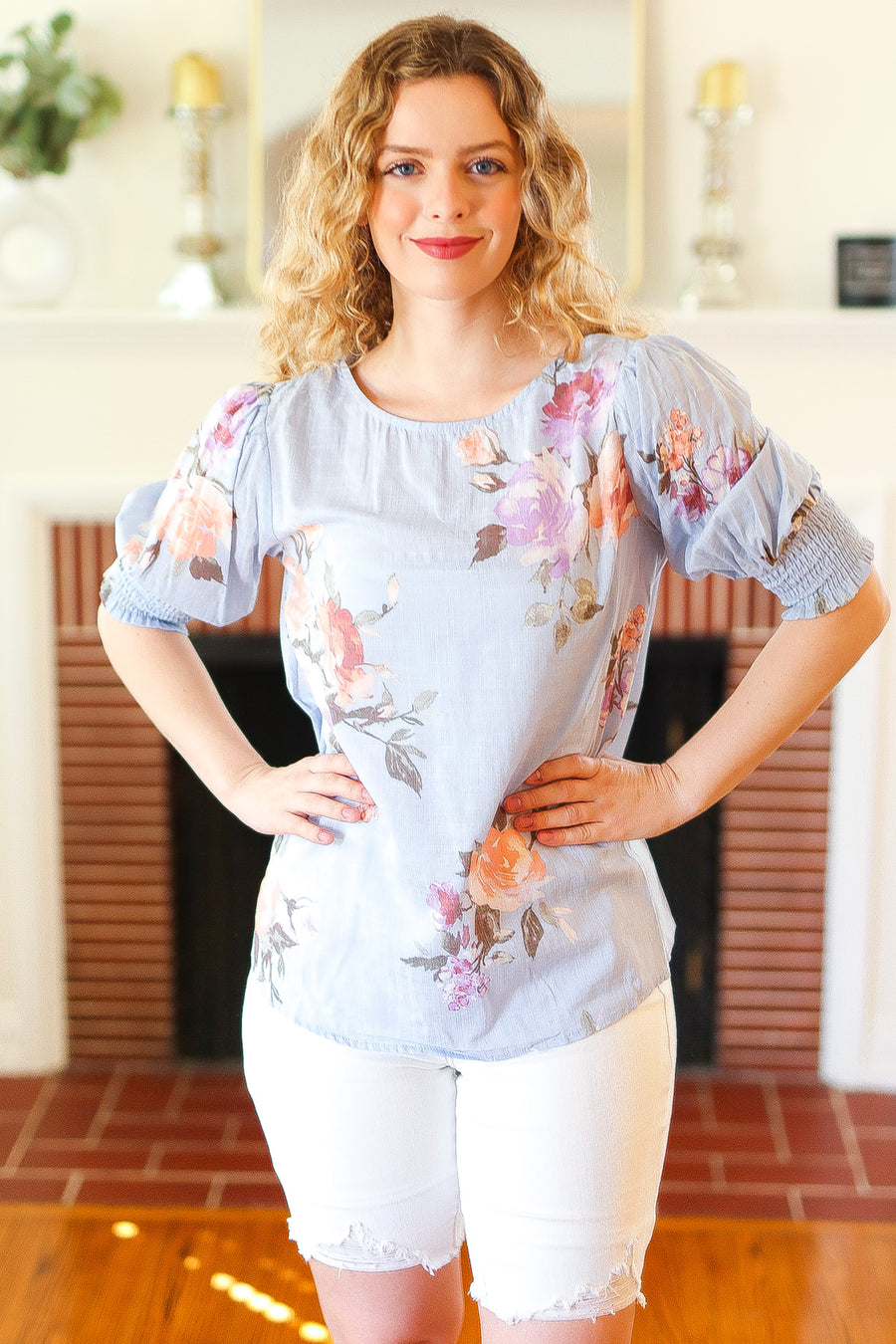 Spring Blue Floral Ruche Sleeve Blouse