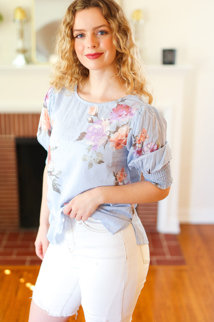 Spring Blue Floral Ruche Sleeve Blouse