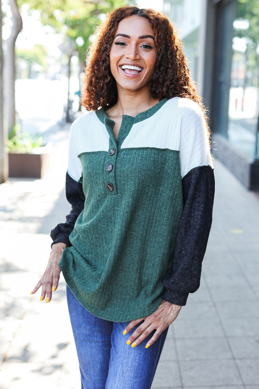 Olive Ribbed Henley Sweater