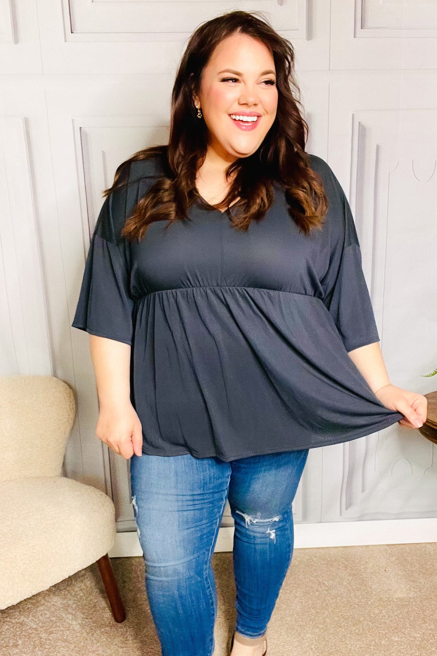 Easy To Love Charcoal Babydoll Dolman Top