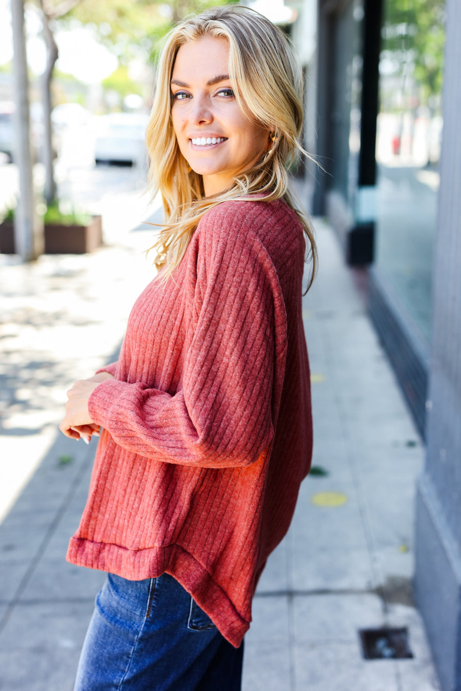 Rust Brushed Ribbed Sweater