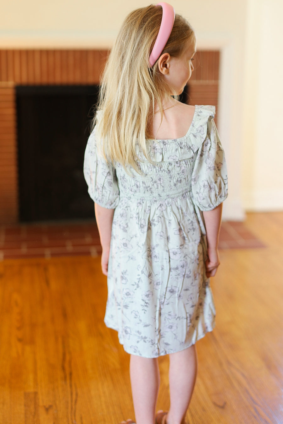 Small Kids Mint Floral Ruffle Neck Dress