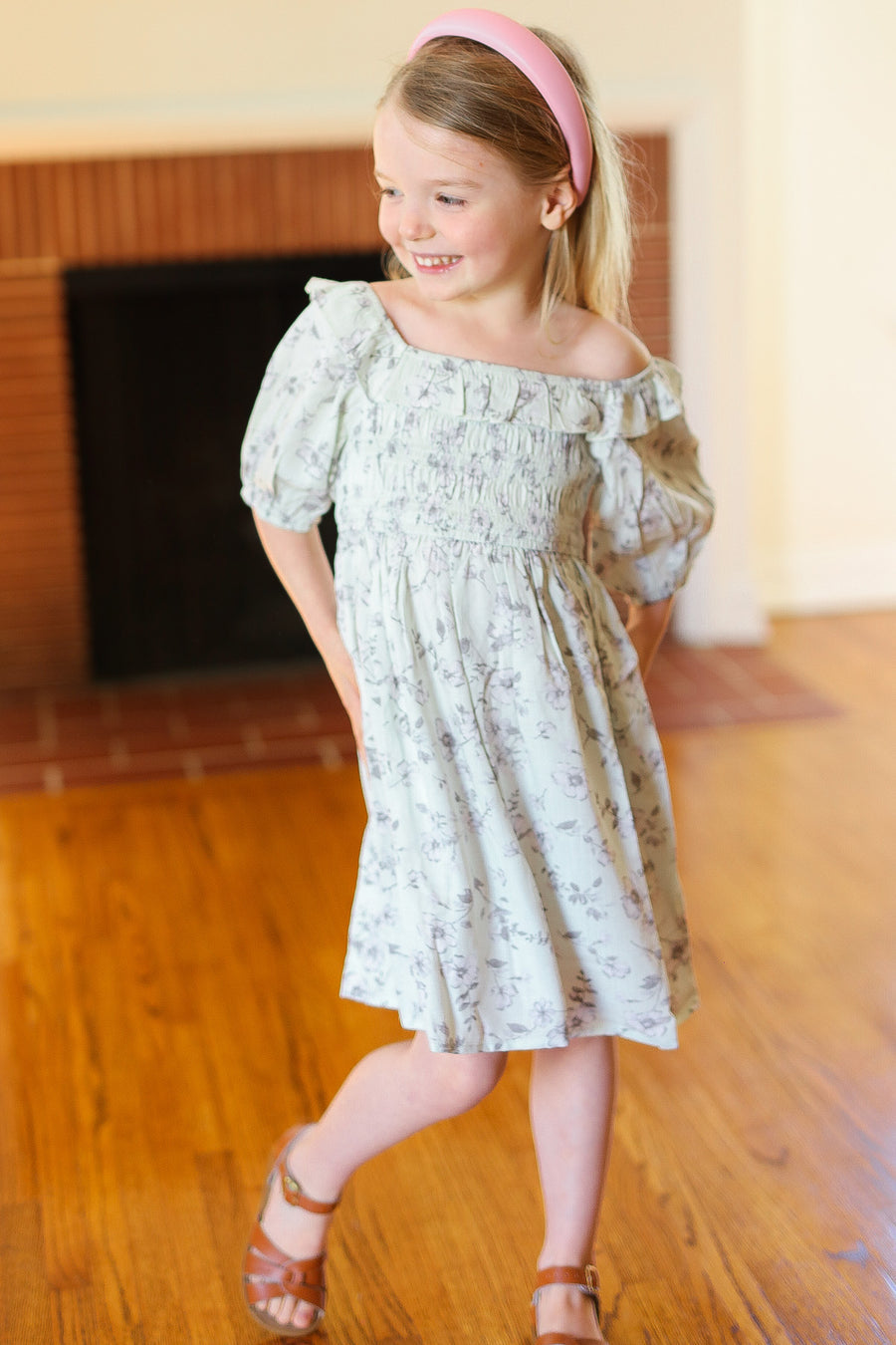 Small Kids Mint Floral Ruffle Neck Dress