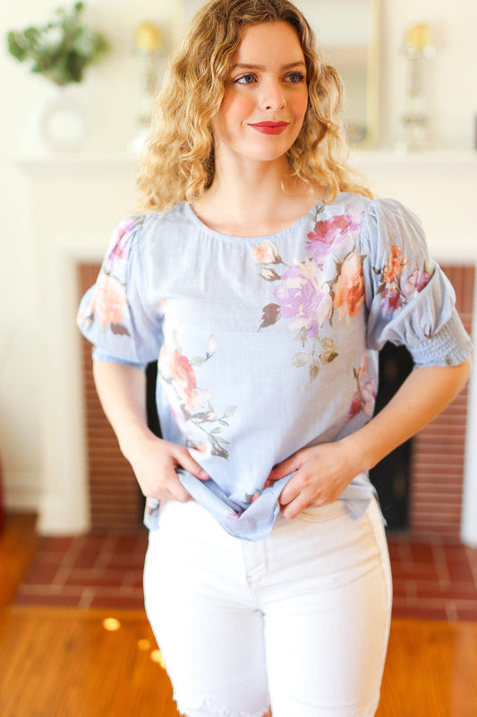 Spring Blue Floral Ruche Sleeve Blouse