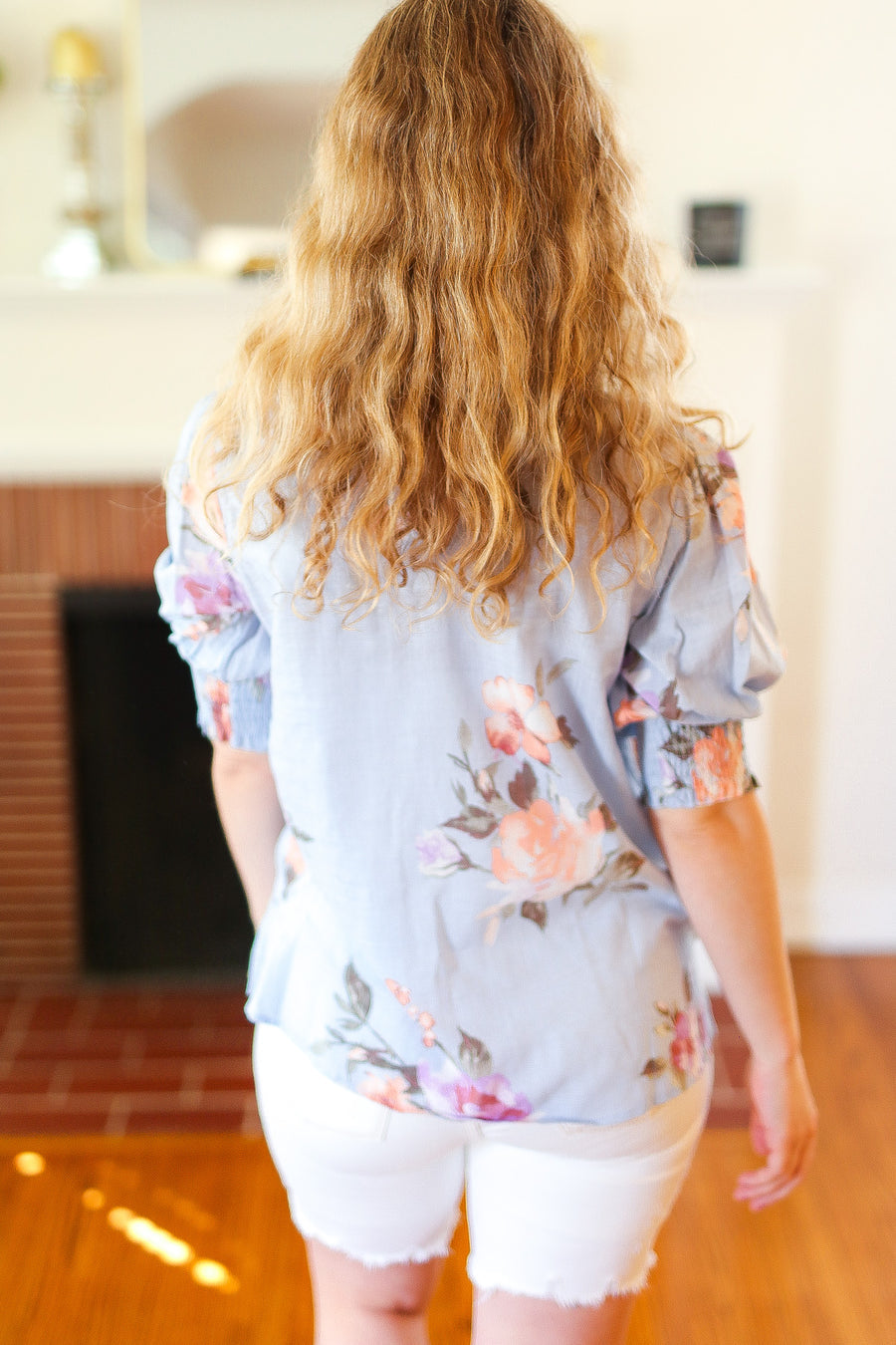 Spring Blue Floral Ruche Sleeve Blouse