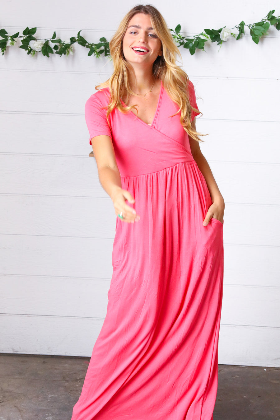 Medium Coral Surplice Maxi Dress with Pockets