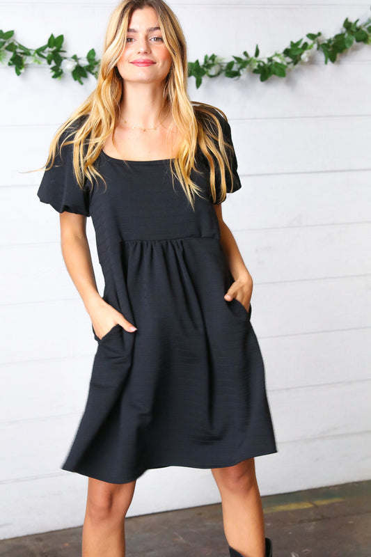 Black Jacquard Puff Sleeve Dress