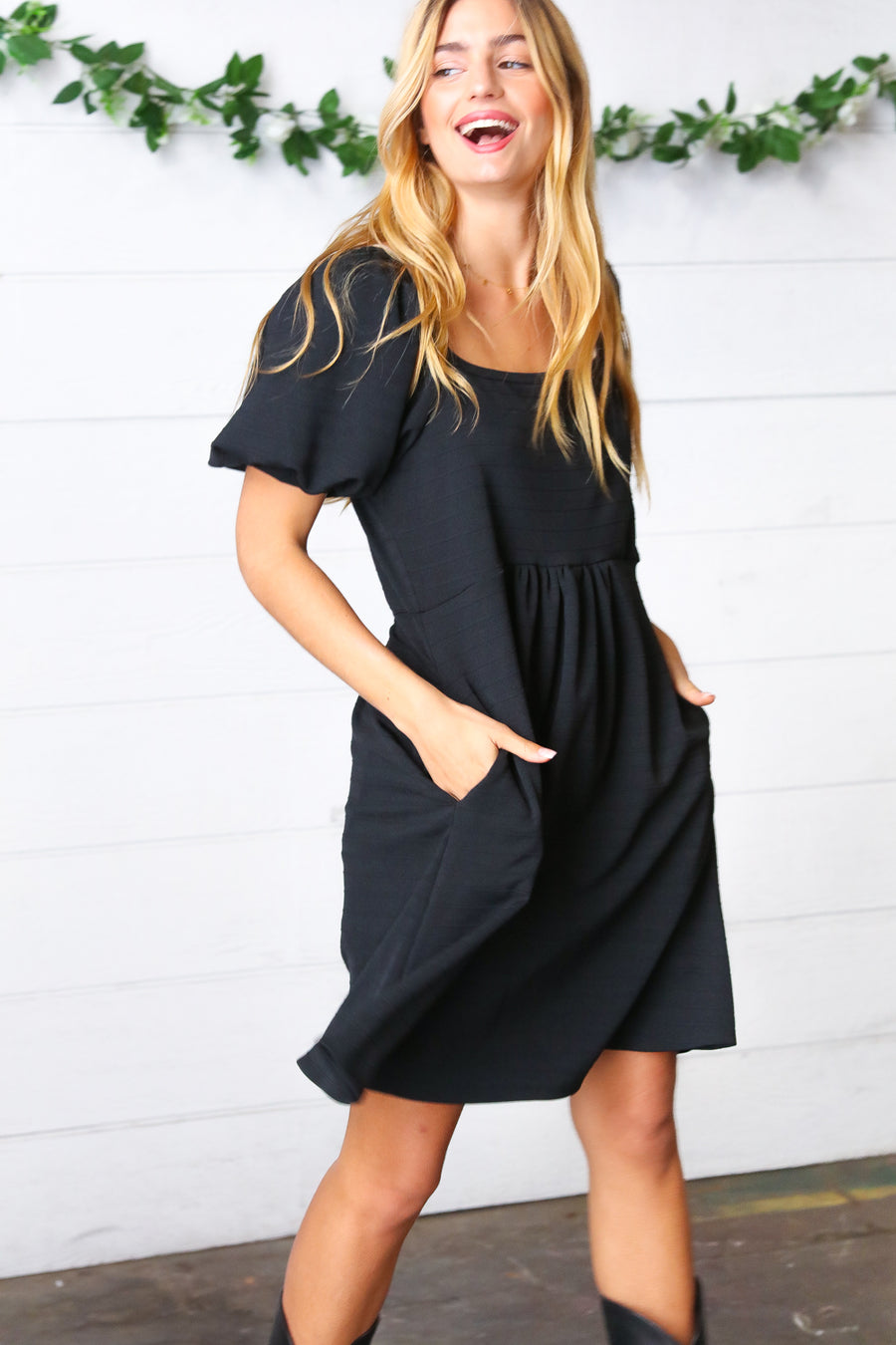 Black Jacquard Puff Sleeve Dress