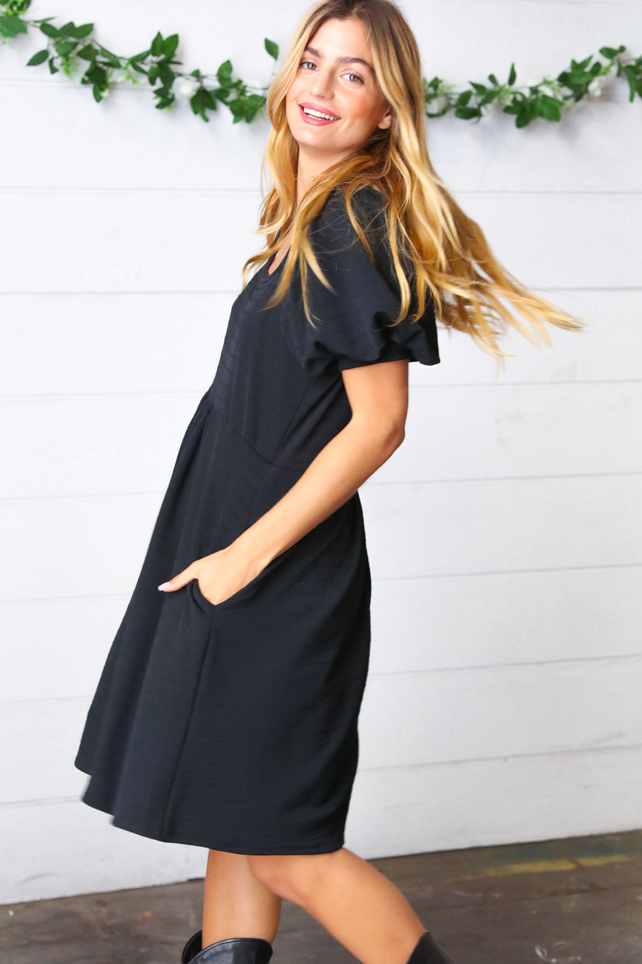 Black Jacquard Puff Sleeve Dress