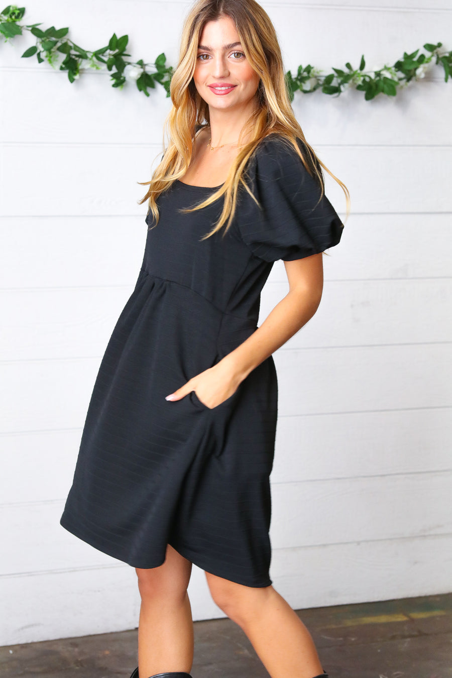Black Jacquard Puff Sleeve Dress