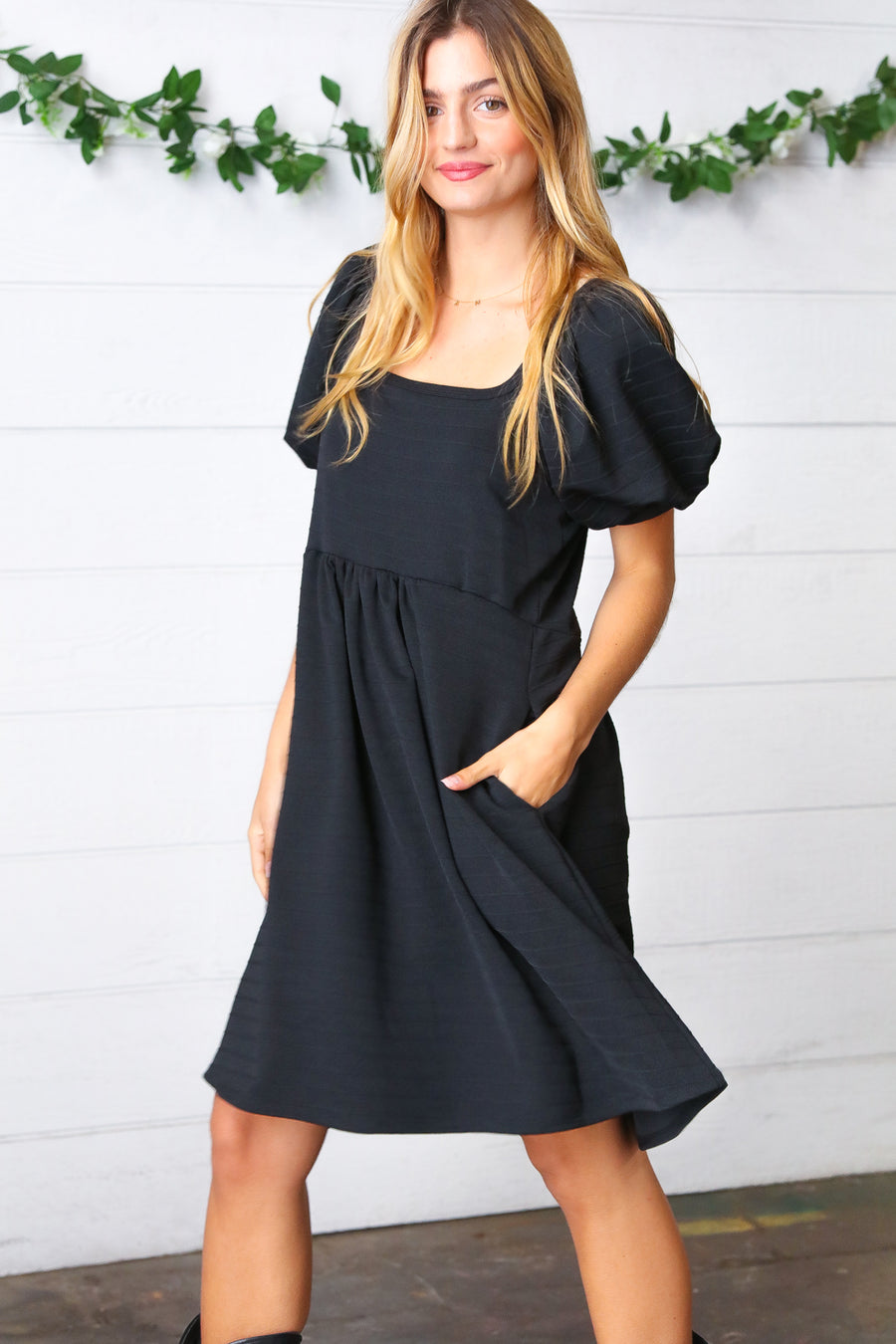 Black Jacquard Puff Sleeve Dress