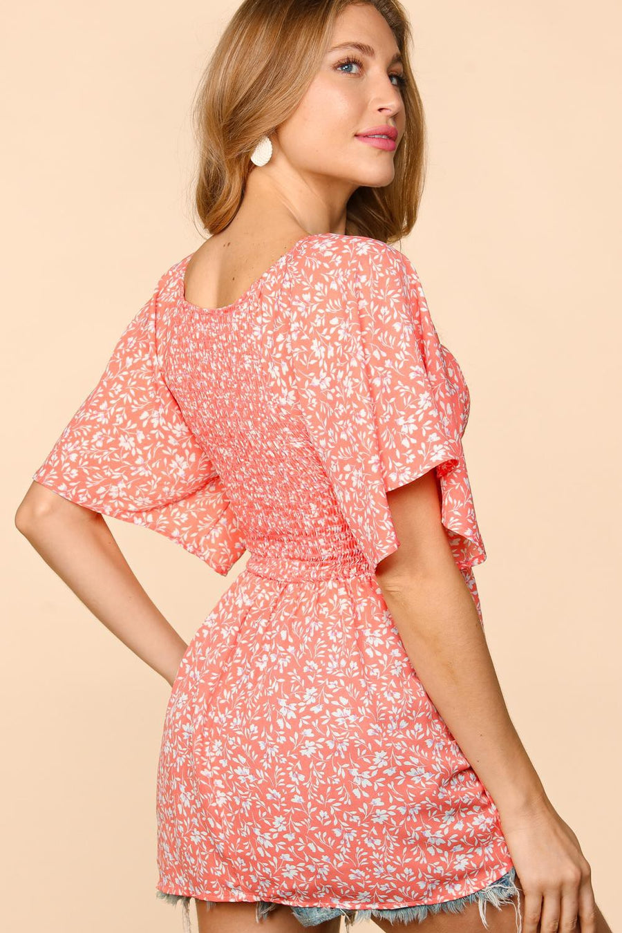 Small Peach Floral Smocked Blouse