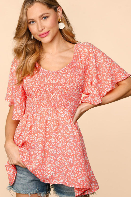 Small Peach Floral Smocked Blouse