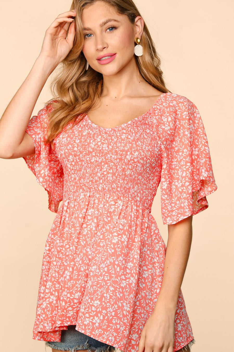 Small Peach Floral Smocked Blouse