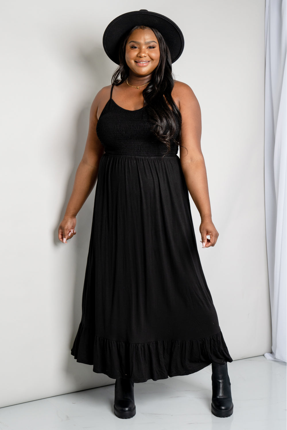 Large Black Smocked Ruffle Hem Maxi Dress