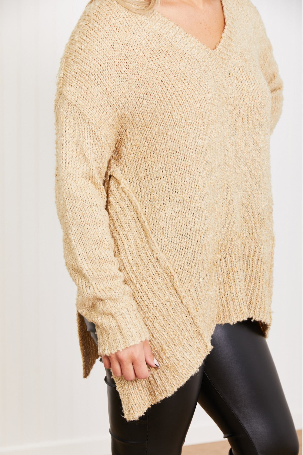 Taupe Textured V-Neck Sweater
