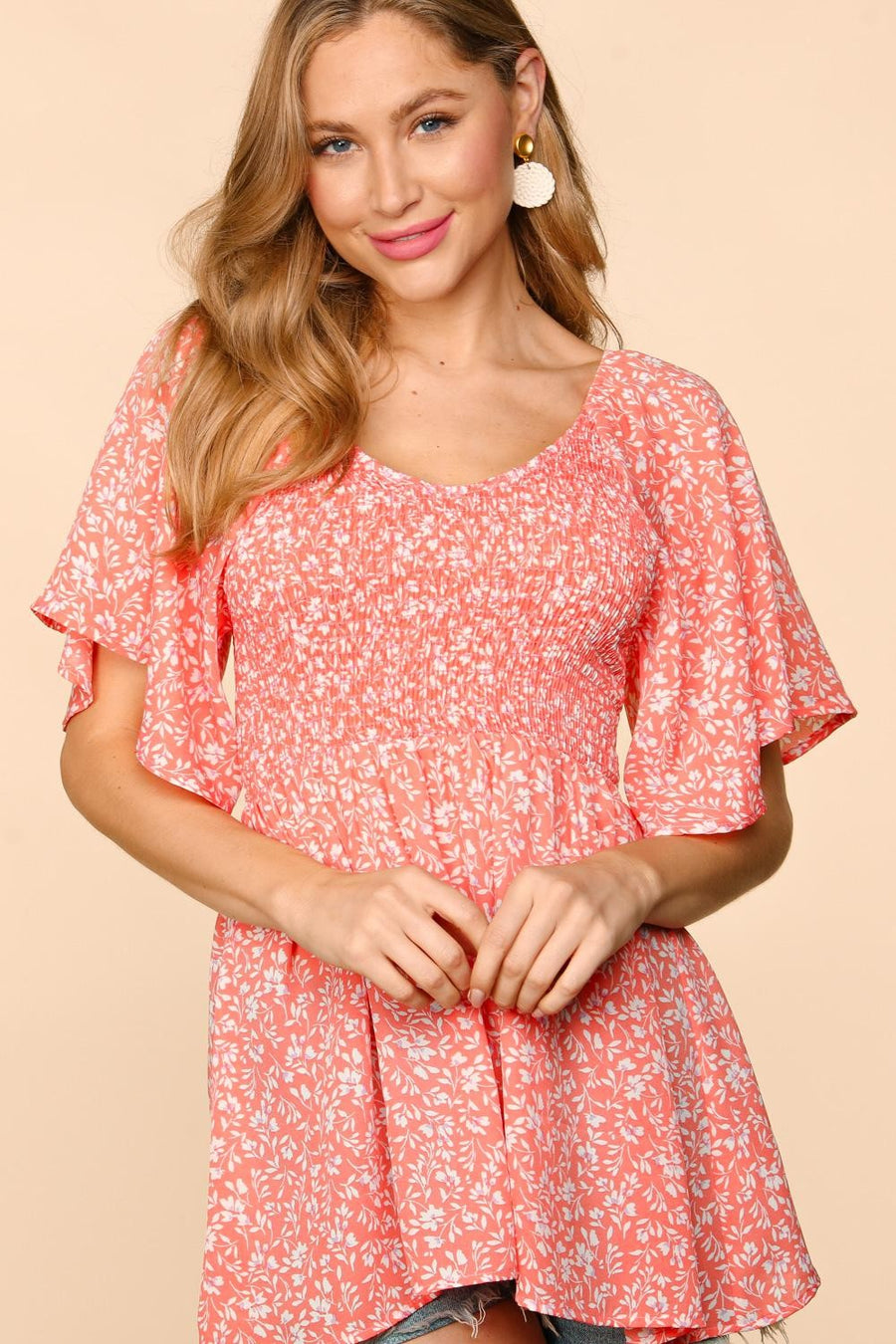 Small Peach Floral Smocked Blouse